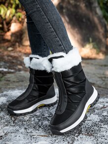 Zip Front Quilted Detail Thermal Lined Snow Boots - Black - View 3