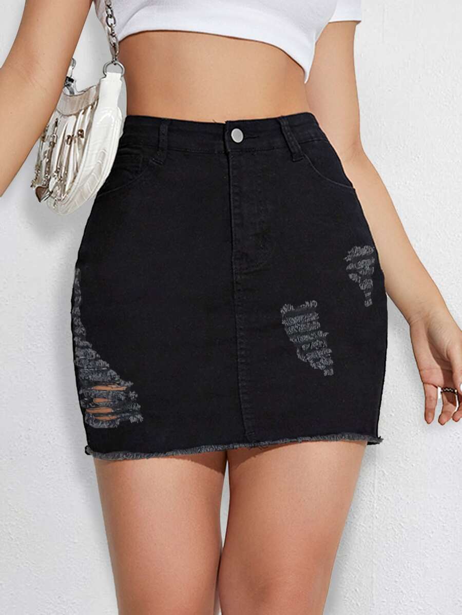 SHEIN Essnce High Waist Ripped Raw Hem Bodycon Denim Skirt - Black - View 1