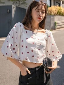 DAZY Áo sơ mi Nút phía trước Chấm bi Giải trí - trắng - Xem 1