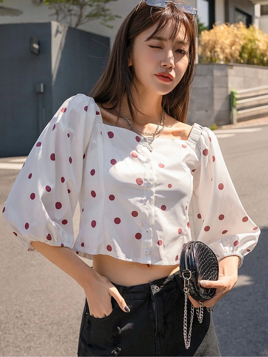 DAZY Áo sơ mi Nút phía trước Chấm bi Giải trí - trắng - Xem 1