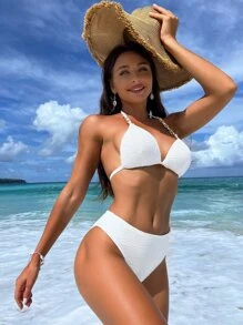 鏈接式露背海灘泳裝套裝，可加壓上提，夏季沙灘泳裝 - 白色 - 查看 3