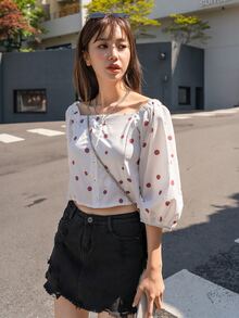 DAZY Áo sơ mi Nút phía trước Chấm bi Giải trí - trắng - Xem 4