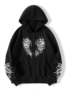 ROMWE MEN Goth Áo nỉ Nam Dây kéo Túi Đồ họa Giải trí - màu đen - Xem 2