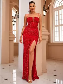 LOVE&LEMONADE Split Thigh Sequin Formal Gown - Red - View 1
