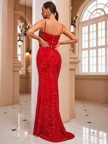 LOVE&LEMONADE Split Thigh Sequin Formal Gown - Red - View 2