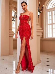 LOVE&LEMONADE Split Thigh Sequin Formal Gown - Red - View 4