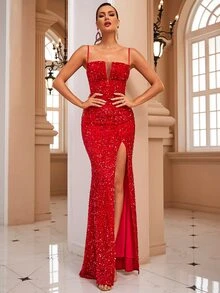 LOVE&LEMONADE Split Thigh Sequin Formal Gown - Red - View 6