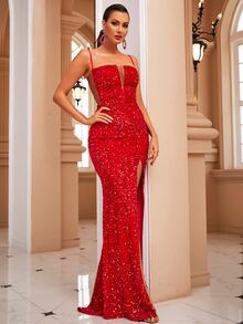 LOVE&LEMONADE Split Thigh Sequin Formal Gown - Red - View 7