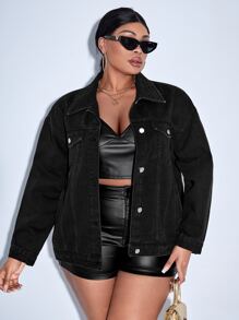 SHEIN SXY Plus Drop Shoulder Denim Jacket - Black - View 5