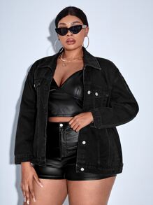 SHEIN SXY Plus Drop Shoulder Denim Jacket - Black - View 4