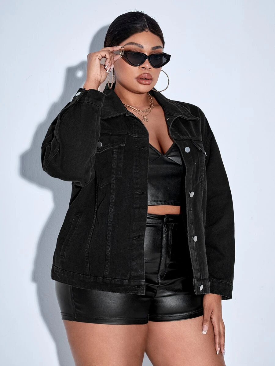 SHEIN SXY Plus Drop Shoulder Denim Jacket - Black - View 1