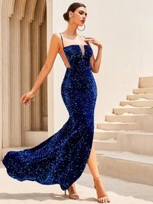 LOVE&LEMONADE Split Thigh Sequin Formal Gown - Royal Blue - View 6