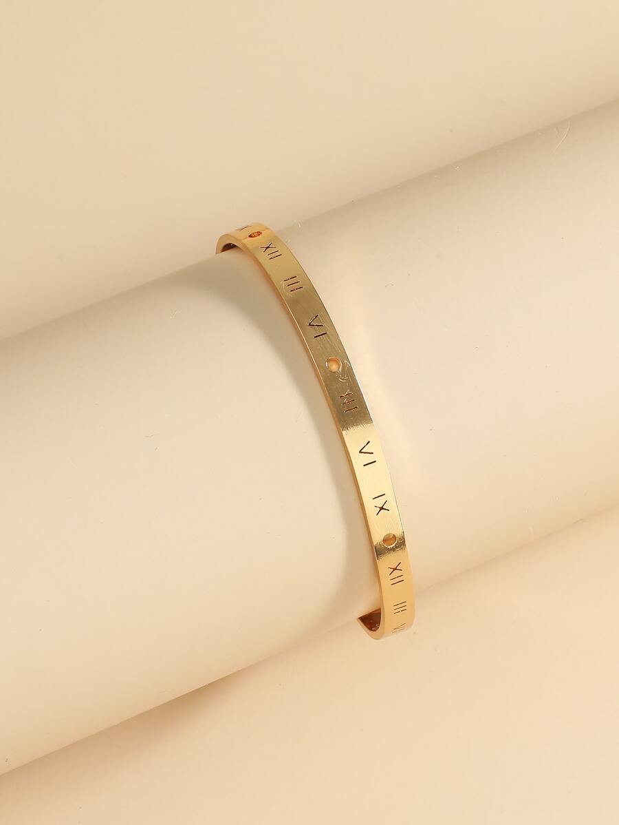 Number Detail Engraved Cuff Bangle - Yellow Gold - View 1