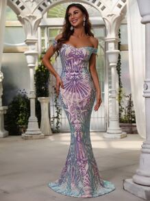 Off Shoulder Mermaid Hem Sequin Formal Dress - Multicolor - View 1