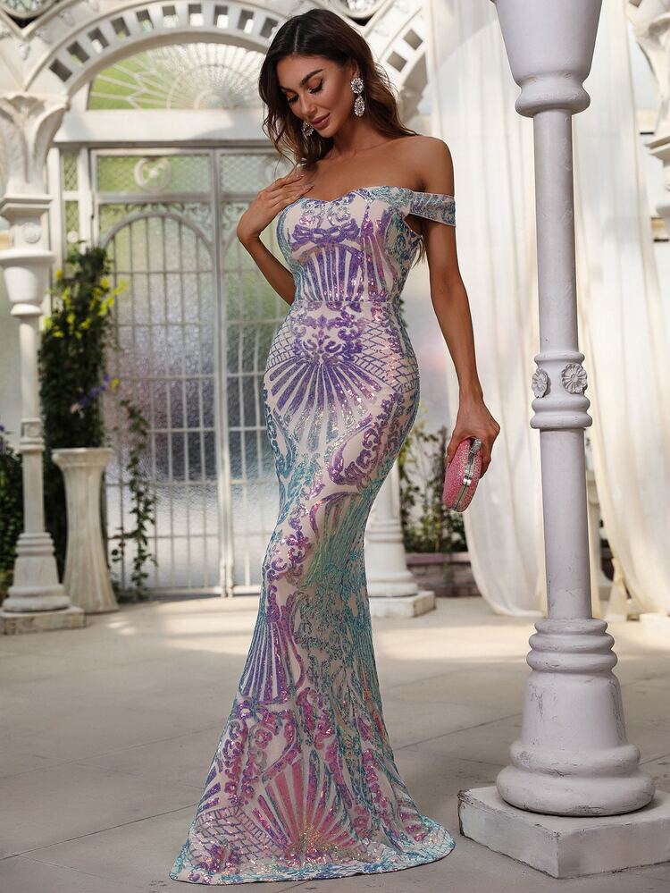 Vestido de vestir de hombros descubiertos bajo sirena con lentejuelas - Multicolor - Añade 5