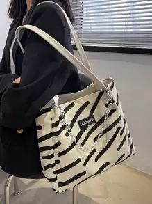 Striped Pattern Chain Decor Shoulder Tote Bag - Black and White - View 1