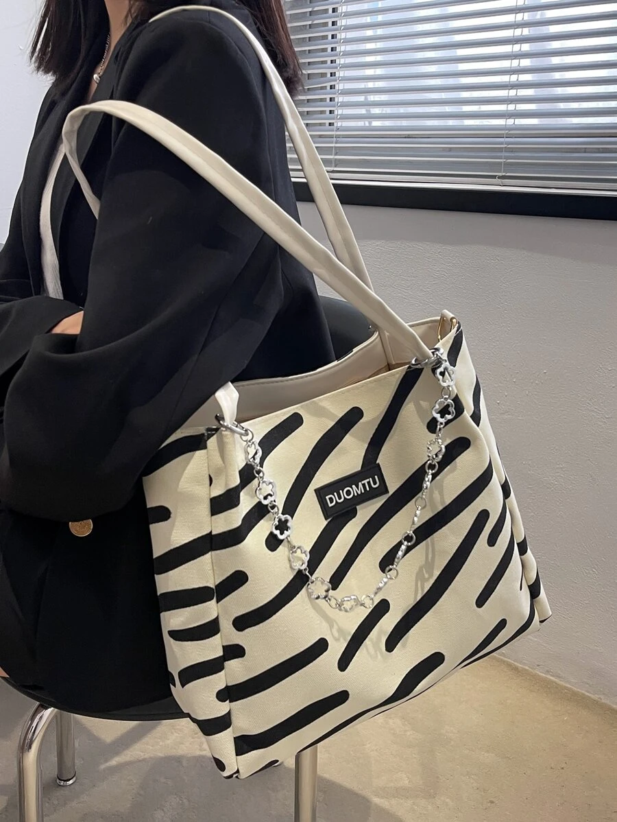 Striped Pattern Chain Decor Shoulder Tote Bag - Black and White - View 1