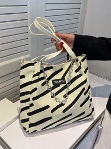 Striped Pattern Chain Decor Shoulder Tote Bag - Black and White - View 6