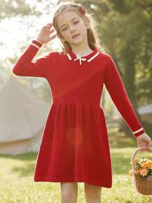 Niñas Vestido de rayas ribete con cordón delantero - Rojo - Ver 1