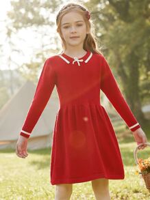 Niñas Vestido de rayas ribete con cordón delantero - Rojo - Ver 3