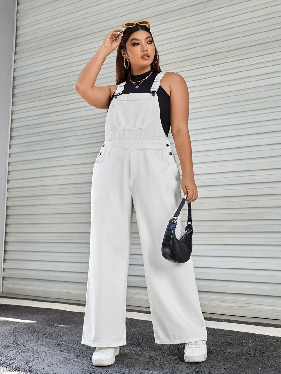 SHEIN SXY Plus Patched Pocket Denim Dungarees Without Tank Top - White - View 1