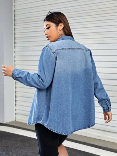 SHEIN EZwear Plus Flap Pocket Button Front Denim Shirt