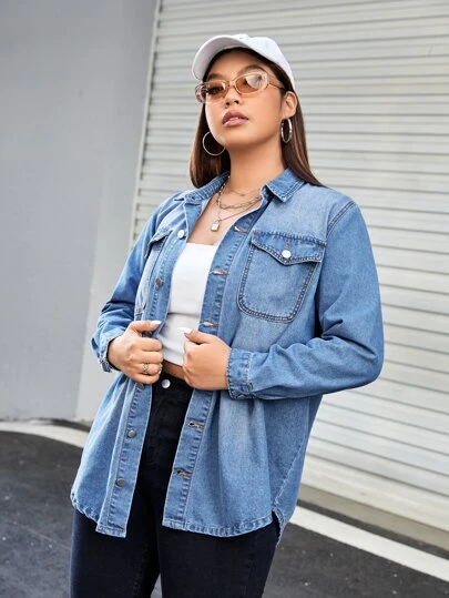 SHEIN EZwear Plus Flap Pocket Button Front Denim Shirt