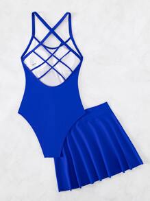 SHEIN Swim Summer Beach Plain One Piece Swimsuit With Beach Dress - Royal Blue - View 4