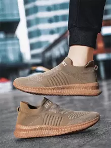 Letter Graphic Slip On Running Shoes - Khaki - View 1