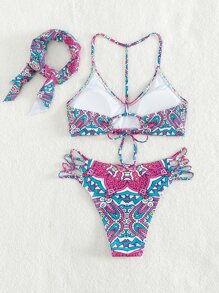 Floral Print Summer Beach Bikini Set With Scarf - Multicolor - View 2