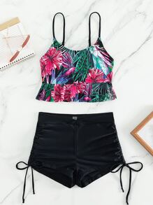 SHEIN Swim Conjunto de tankini con estampado tropical, top de tirante con dobladillo con volantes y pantalones cortos laterales con cordón en la cintura superpuesta, traje de baño de 2 piezas - Multicolor - Ver 3