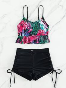 SHEIN Swim Conjunto de tankini con estampado tropical, top de tirante con dobladillo con volantes y pantalones cortos laterales con cordón en la cintura superpuesta, traje de baño de 2 piezas - Multicolor - Ver 5