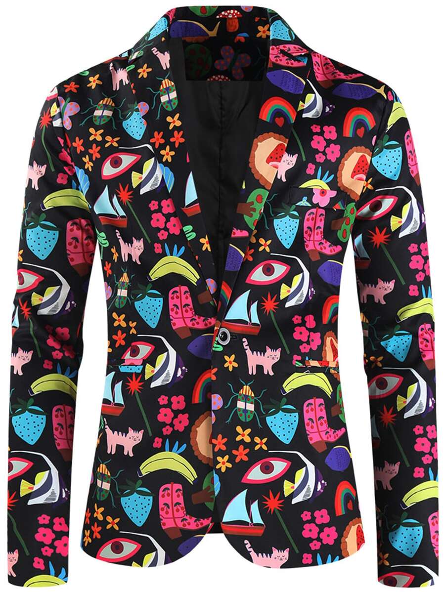 Men Allover Print Single Button Blazer - Multicolor - View 1