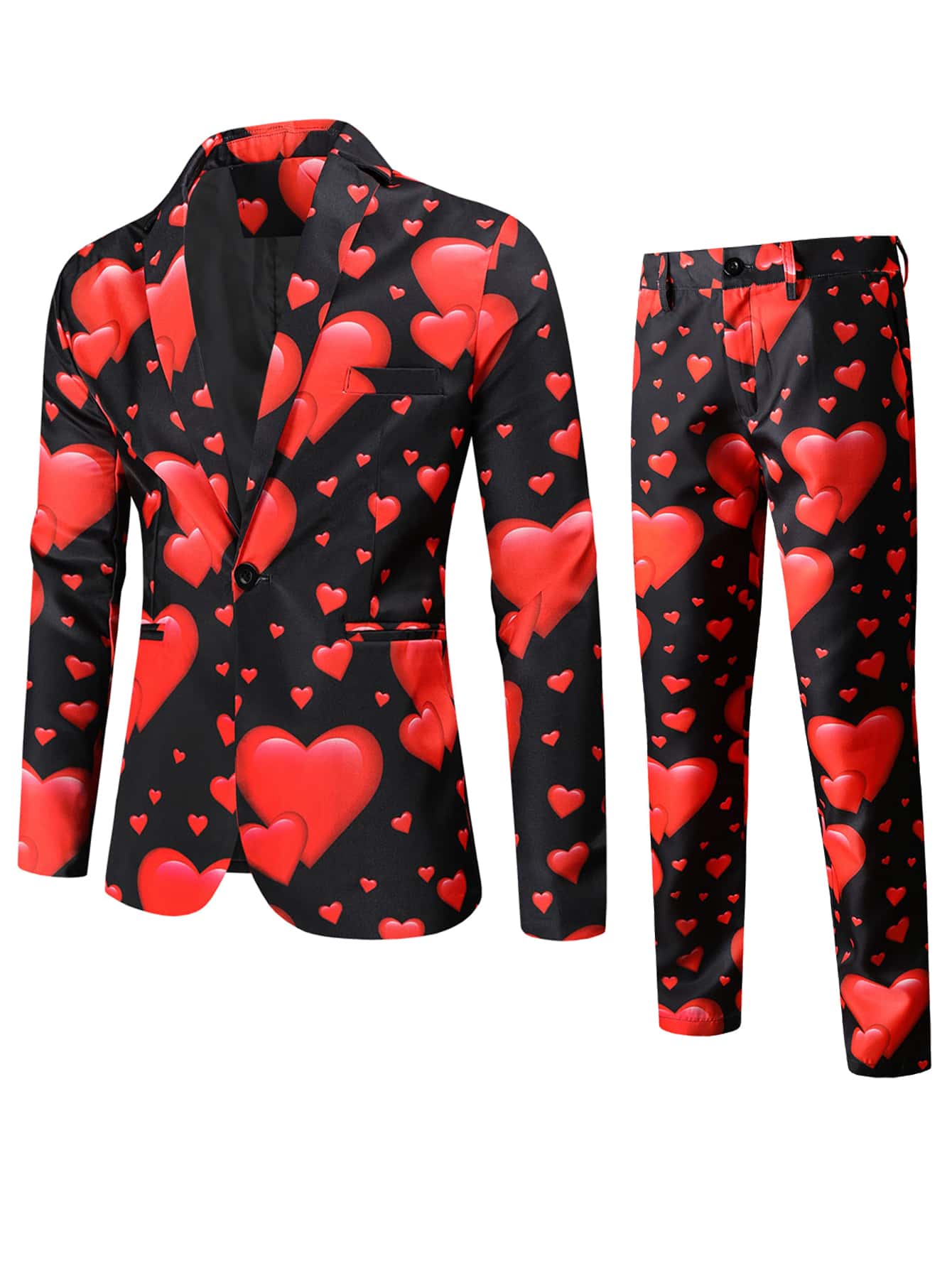 Hombres Conjunto pantalones con blazer con estampado de corazón con botón - Multicolor - Ver 1