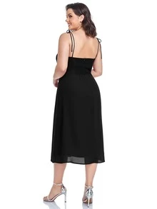 大碼肩上打結高衩吊帶連衣裙 - 黑色 - 查看 2