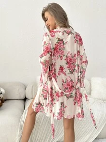 Floral Print Belted Robe & Romper PJ Set - Multicolor - View 3