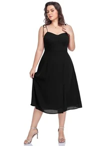 大碼肩上打結高衩吊帶連衣裙 - 黑色 - 查看 6