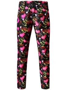 Men Heart & Letter Graphic Single Button Blazer & Trousers - Multicolor - View 7