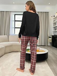 Plaid & Slogan Graphic PJ Set - Burgundy - View 2