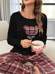 Plaid & Slogan Graphic PJ Set - Burgundy - View 4