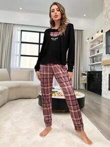 Plaid & Slogan Graphic PJ Set - Burgundy - View 3