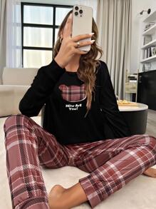 Plaid & Slogan Graphic PJ Set - Burgundy - View 6