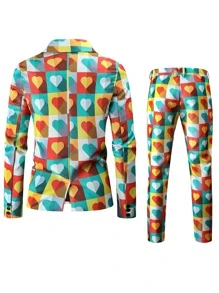 Hombres Conjunto pantalones con blazer con estampado de corazón con botón - Multicolor - Ver 2