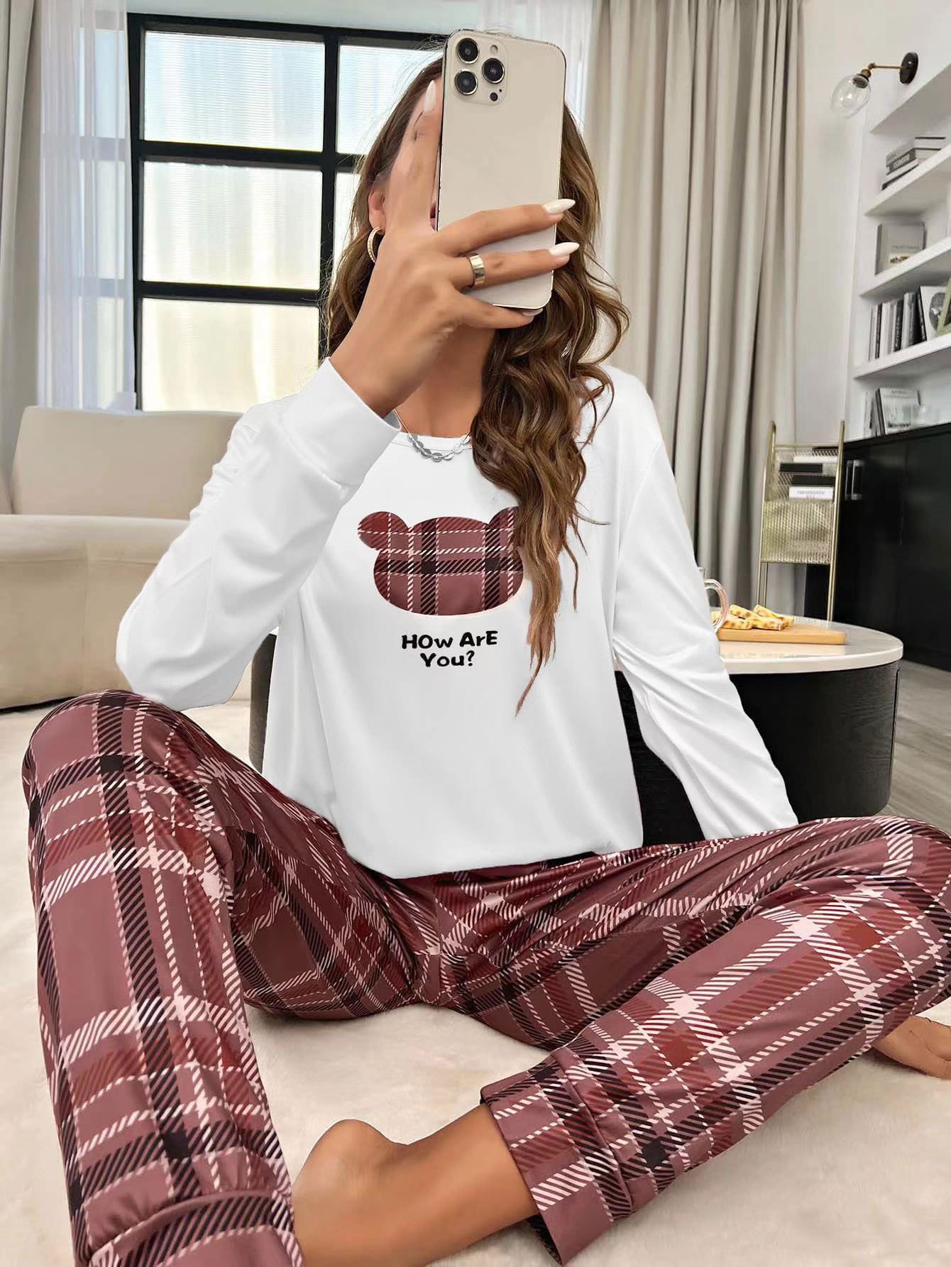 Plaid & Slogan Graphic PJ Set - Dusty Purple - View 1