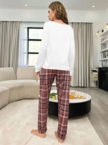 Plaid & Slogan Graphic PJ Set - Dusty Purple - View 2