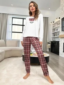 Plaid & Slogan Graphic PJ Set - Dusty Purple - View 3