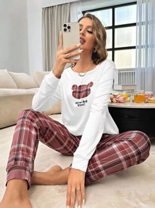 Plaid & Slogan Graphic PJ Set - Dusty Purple - View 4
