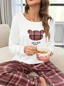 Plaid & Slogan Graphic PJ Set - Dusty Purple - View 5