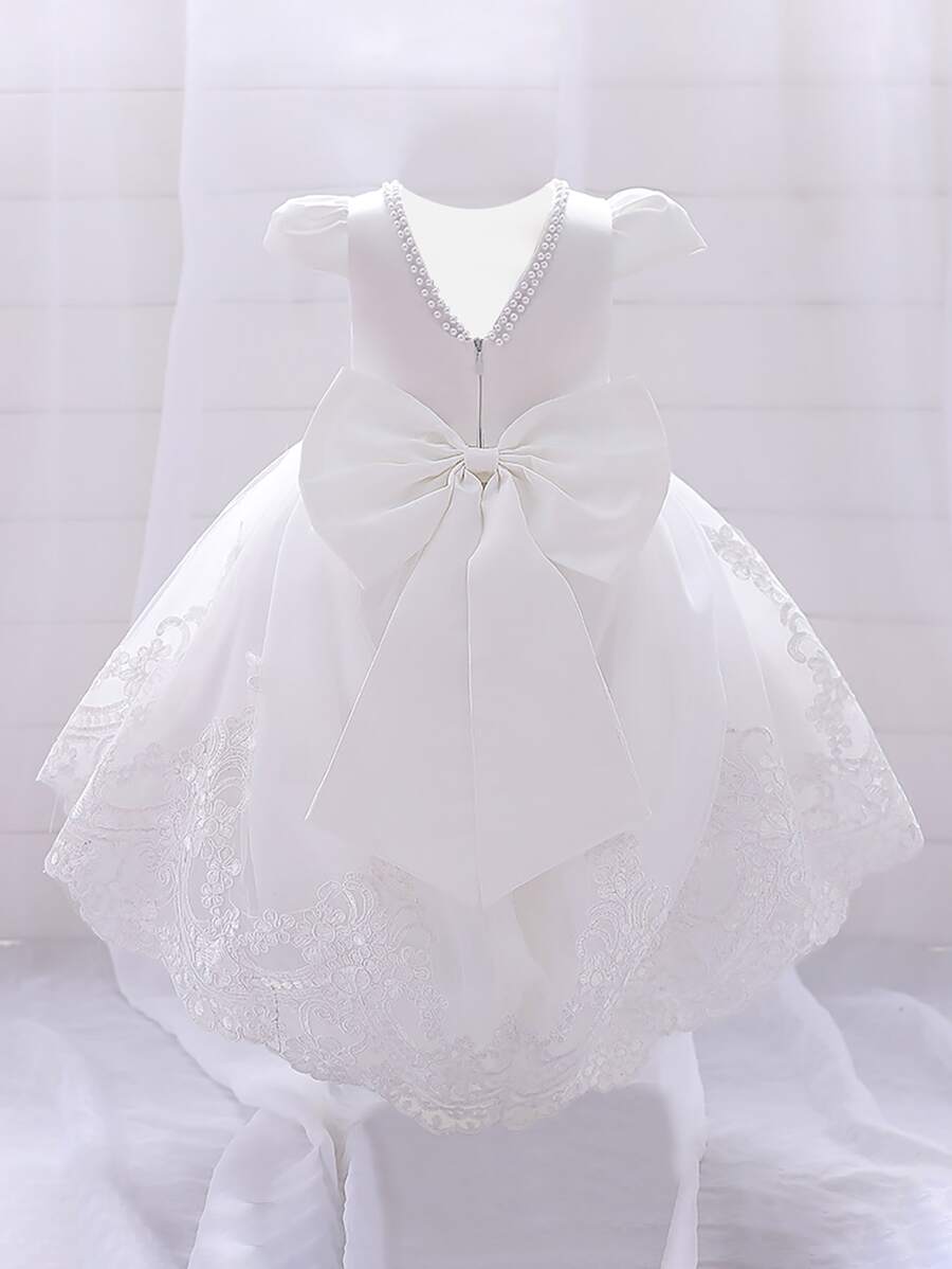 Young Girl Lace Trim Bow Sweet Style Party Princess Dress Suitable For Wedding, Headband Not Included