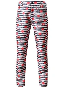 Hombres Pantalones con blazer de rayas & con estampado de labio con botón - Multicolor - Ver 6